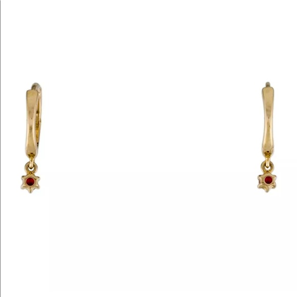 14k Gold and Ruby Huggie Hoop Drop Earrings Dangle Dainty - Picture 5 of 5